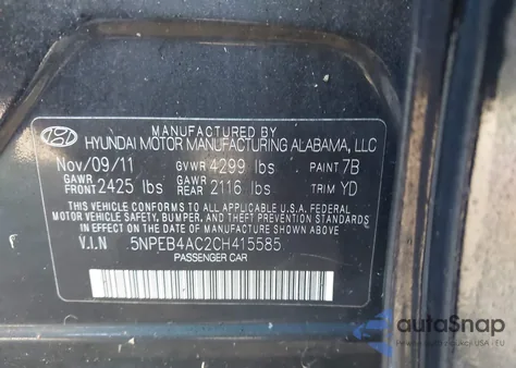 2012 Hyundai Sonata Gls from USA, damaged, VIN 5NPEB4AC2CH415585